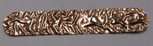 Judy Larson's Fold Formed Cuff With Faux Roman Glass or Coin Cabochon - , Metalwork, Cutting, Cutting Tool, Cutters, Dapping, Dapping Jewelry, Filing, Finishing, Forging, Forging Jewelry, Jewelry Forging, How To Punch Holes, Hole Punching, Punch A Hole, Oxidizing Wire, Oxidizing, Antiquing Wire, Antiquing, Riveting, Riveting Techniques, Wire Rivets, Sawing, Saw, Wire Saw, Texturing, Drilling, Drill, Fold Formed Faux Roman Glass Cuff